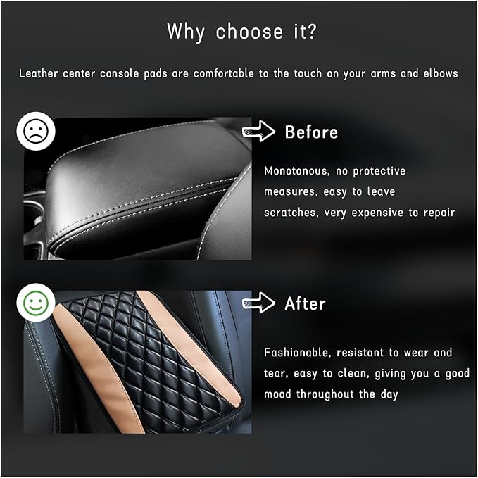Car Center Console Cushion Pad, Universal Leather Waterproof Armrest Seat Box Cover, Comfortable Auto Armrest Cover Protector, Car Interior Decor Accessories for Most Vehicles (Black & Beige)