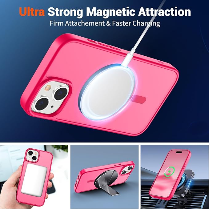 SUPFINE Magnetic for iPhone 15 Case (Compatible with MagSafe) (Military Grade Drop Protection) Slim Translucent Matte Shockproof with Anti-Fingerprint Phone Case,Hot Pink