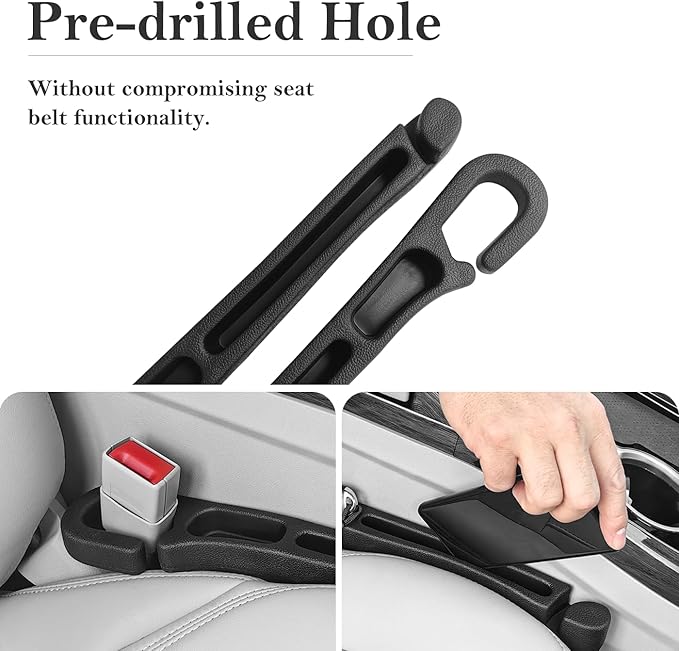 Car Seat Gap Filler 2 Pack with Organizer Hook, Car Seat Gap Plug Fills Gap Between Seat & Console Prevent Small Items & Tools from Falling Seat Side Gap Fits Cars, SUVs, Trucks & Sedans