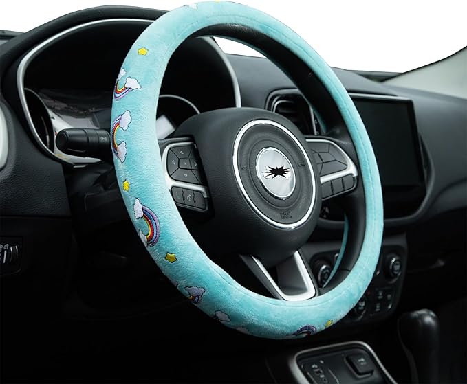 Embroidered Rainbow Cute Blue Steering Wheel Cover, Auto Anti-Slip Breathable Steering Wheel Protector,Rainbow Car Accessories for Women,Universal Size Fit Most Cars -15 inch