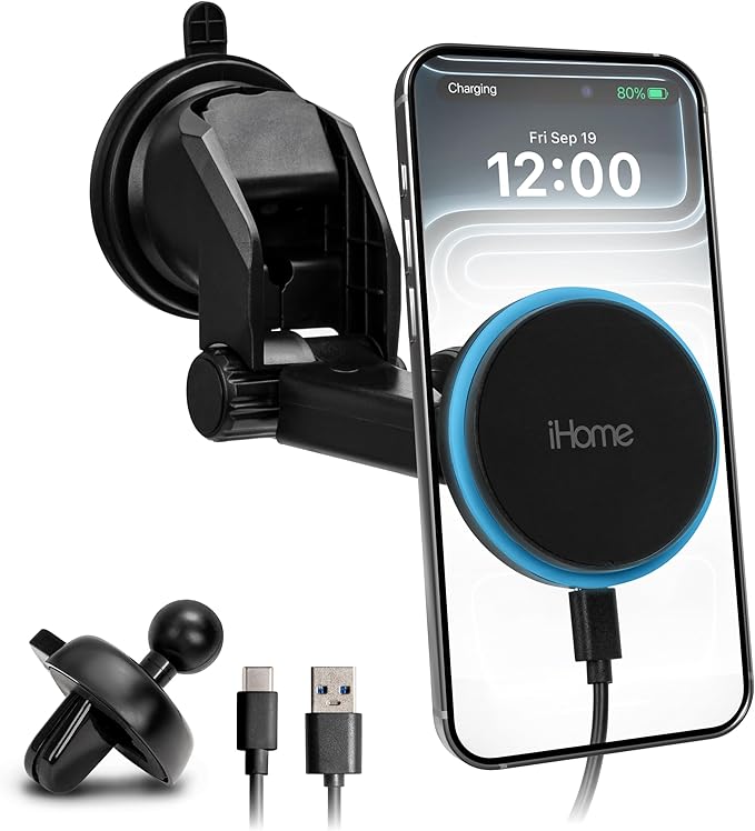 iHome 3-in-1 Magnetic Wireless Charging, Flexible Mount for Vent, Dash & Windshield, 15W Fast Charge