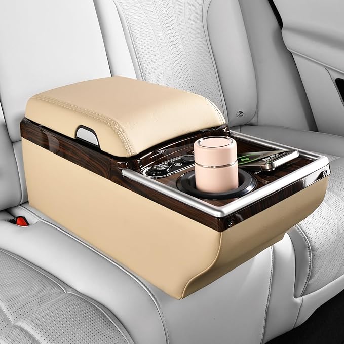 Coverado Center Console, Universal Bench Seat Center Console with Wireless Charging & Cup Holder & 7 Light Modes, Truck Back Seat Car Organizer, Rear Central Car Armrest Box with Storage, Beige