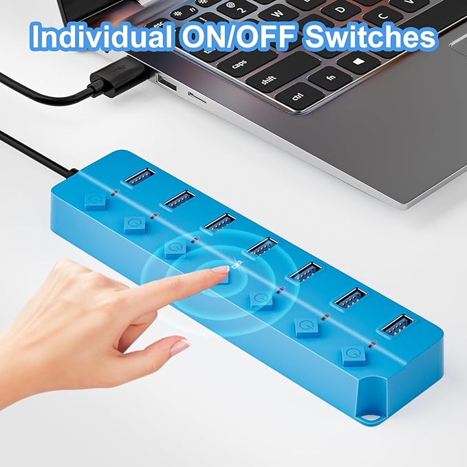 ONFINIO USB Hub 3.0, 7-Port USB Hub Splitter with Individual On/Off Switches and Lights, 3.2ft/1m Long Cable Compatible with MacBook, Laptop, Surface Pro, PS4, PC, Flash Drive, Mobile HDD-Blue