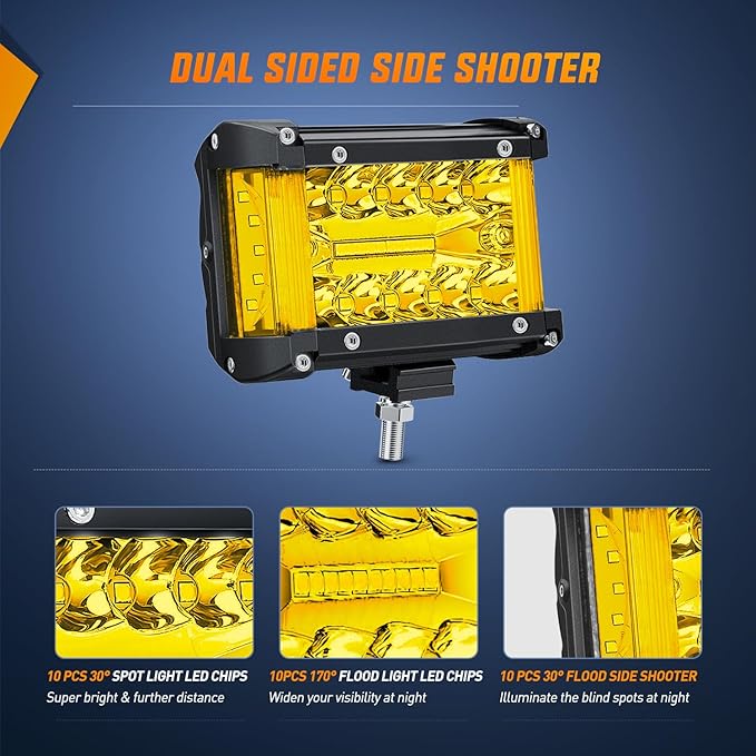 Nilight Side Shooter LED Light Bar 2PCS 4.3Inch Triple Row Spot Flood Combo Yellow Beam Lighting with 5Pin Rocker Switch Wiring Harness Kit for Off Road Light on Truck SUV ATV UTV