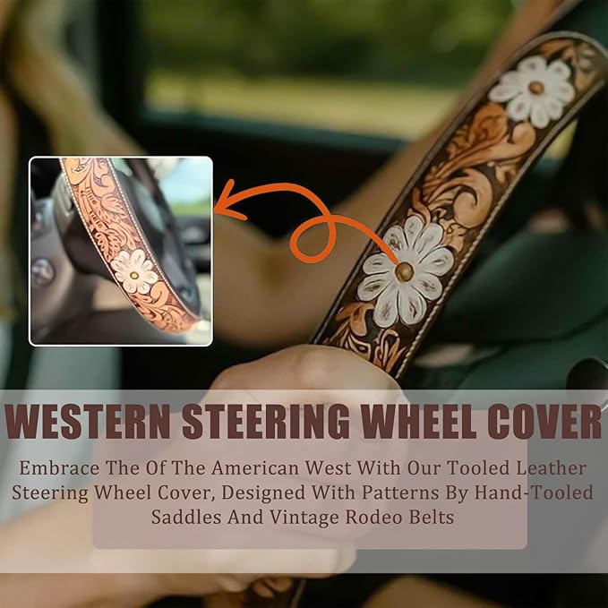 Retro Western Cowboy Car Universal Steering Wheel Cover, Embossed Handcrafted Tooled Leather Western,Anti Slip, Auto Interiors Accessories,Breathable for Trucks SUVs Cars (D)