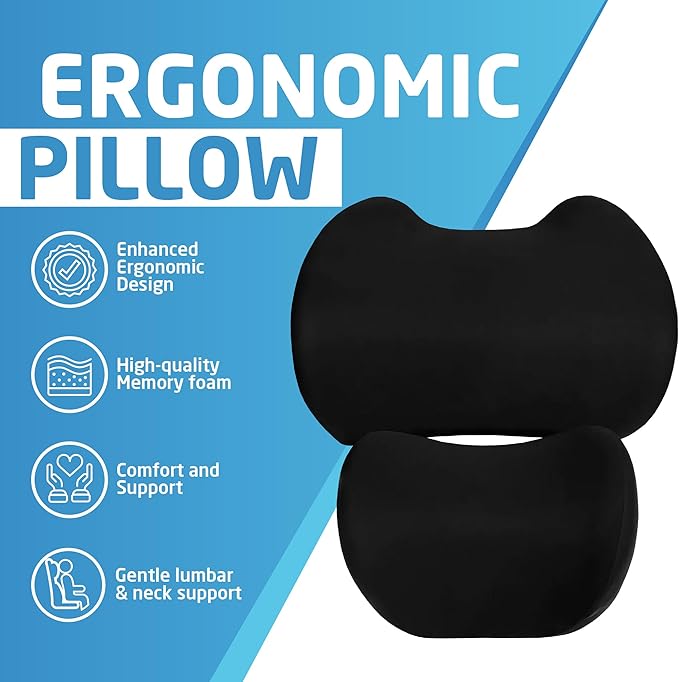 Lumbar & Neck Support Pillow Kit - Black - Back & Neck Support Pillow for Car & Office Chair - Memory Foam Pillow - Ergonomic Pillow for Neck & Back Pain
