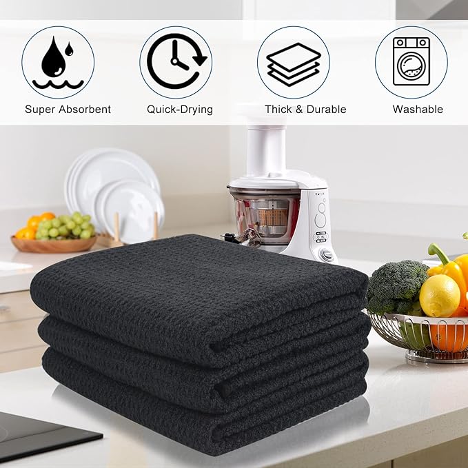 VIVOTE Microfiber Kitchen Dish Towels Waffle Weave Super Soft & Absorbent Tea Towels, Dish Cloths for Kitchen 3 Pack Black 16 x 22 Inch