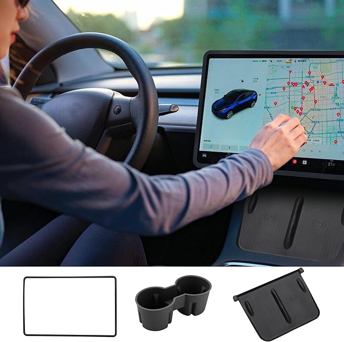 TOPABYTE 3PCS Center Console Accessories for Tesla Model Y 2021-2024 and Model 3 2021-2023 Cup Holder Insert, Screen Edge Protector Frame, Silicone Wireless Charger Mat, Black