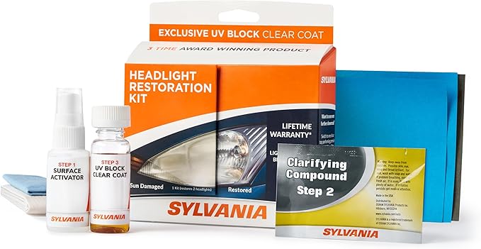 SYLVANIA Headlight Restoration Kit - Long-Lasting Headlight Repair Kit for Restoring to Like-New Condition - Surface Activator, Exclusive UV Coating, Clarifying Compound & More - No Tools Required