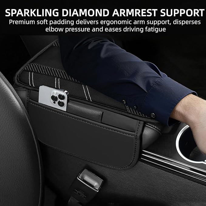 NBTEPEM Black Center Console Cover, Sporty Leather Armrest Cover Cushion with 2 Storage Pockets, Universal Auto Middle Console Protector, Car Interior Accessories for Most SUV, Truck, Sedan Vehicles