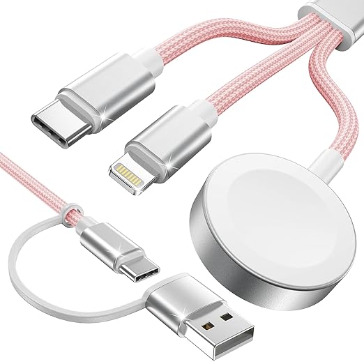 Travel Essentials,3 in 2 USB C Cable for Apple Watch Charger,iPhone Charger,Multi Charging Cable,Cruise Vacation Camping Essentials,Portable for iWatch Series 11-2/Ultra/SE & iPhone 17-12,Car,Pink