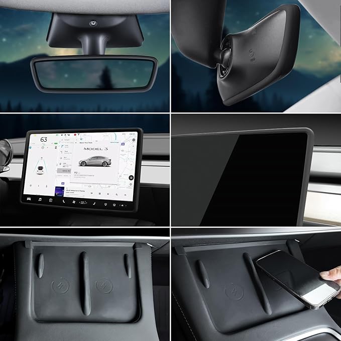 Farmogo Protector Trim Frame for Tesla Model 3 2021-2023 & Model Y 2020-2024 Accessories with Wireless Silicone Charging Mat, Screen Edge Frame and Rearview Mirror Protector Frame (3 PCS Black)