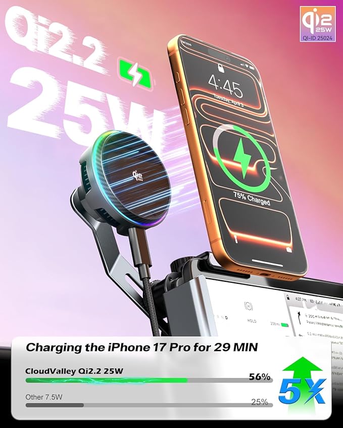 CloudValley 25W Wireless Charger Phone Mount for Tesla Model Y/3 with RGB Lighting, Magnetic Extendable Metal Car Holder with Cooling Fan & 45W Adapter, Design for iPhone MagSafe 17/16 Pro Max