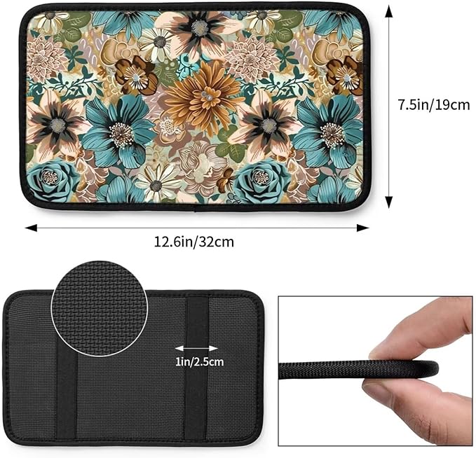 Car Center Console Cover Vintage Floral Auto Armrest Padded Armrest Cushion Leaf Brown Retro Easy Install for SUV Sedan Cars Comfort Protection for Most Vehicle, SUV, Truck, Sedans