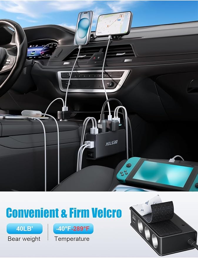 BESTEK 9 in 1 Cigarette Lighter Splitter 148W 3-Socket Car Cigarette Lighter PD30W and 4 USB-A QC3.0 18W with LED Display 12V/24V Cigarette Lighter Adapter for Dash Cam, GPS, iPad/Laptop/Phone