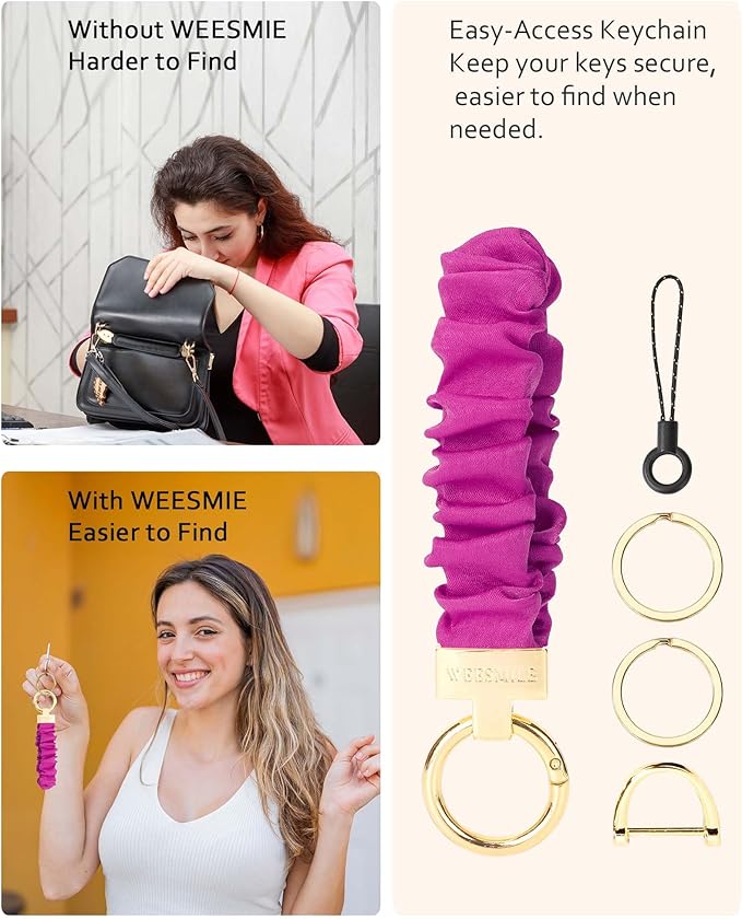 WEESMILE Keychain Wristlet, Stretchy Key Chain for Car Keys with D ring, Cute Scrunchie Wrist Bracelet for Women Men