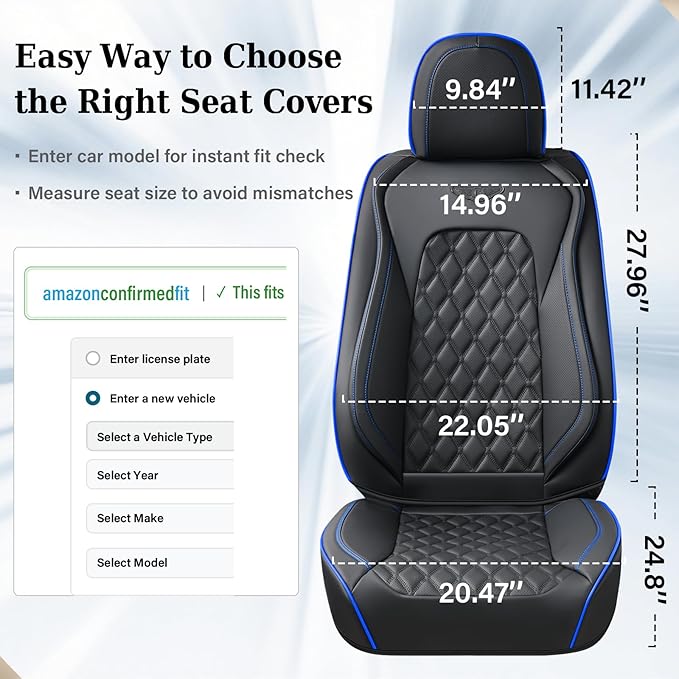 Coverado Front Car Seat Covers, Non-Slip Dust-Proof Nappa Leather, Universal Fit for Cars & Pickup Trucks, Waterproof Car Seat Protectors, Black & Blue Design for Sedans & SUVs