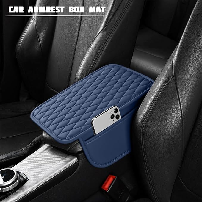 Car Armrest Cushion Pad, Leather Vehicle Center Console Cover with 2 Storage Bags, Non-Slip Automotive Interior Arm Rest Seat Box Cover Accessories, Universal for SUV RV Sedan (Dark Blue)