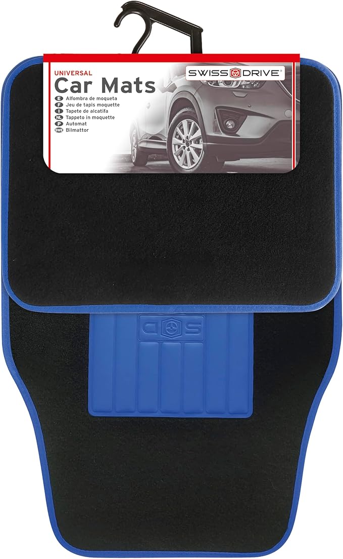 Universal Car Mats Rubber Tread Blue Trim Anti Slip Washable Front 45x65cm Rear 44x33cm