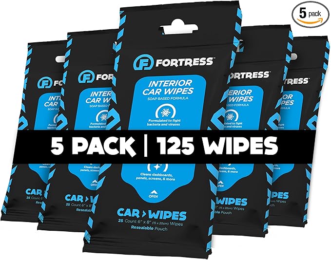 Fortress Car Interior Wipes (25 ct, Pack of 5) for Car Interior Cleaning, Dashboard, Seats, Detailing, and Steering Wheel [Travel Size] Skin-Safe Car Interior Cleaner Supplies