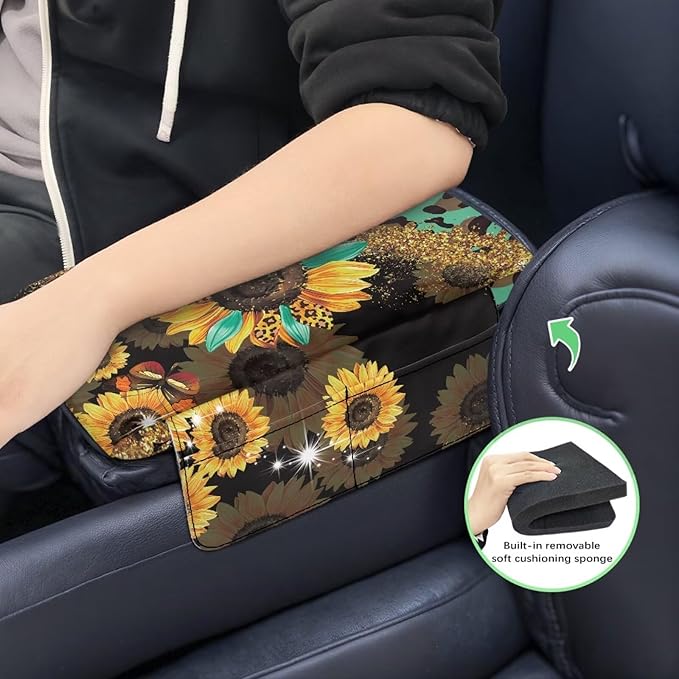 Wanyint Sunflower Leopard Print Green Car Center Console Pad Comfortable Anti-Slip Armrest Cushion with Organizer Pocket Arm Rest Cover Console Lid Protector Cushion Auto Interior Accessories