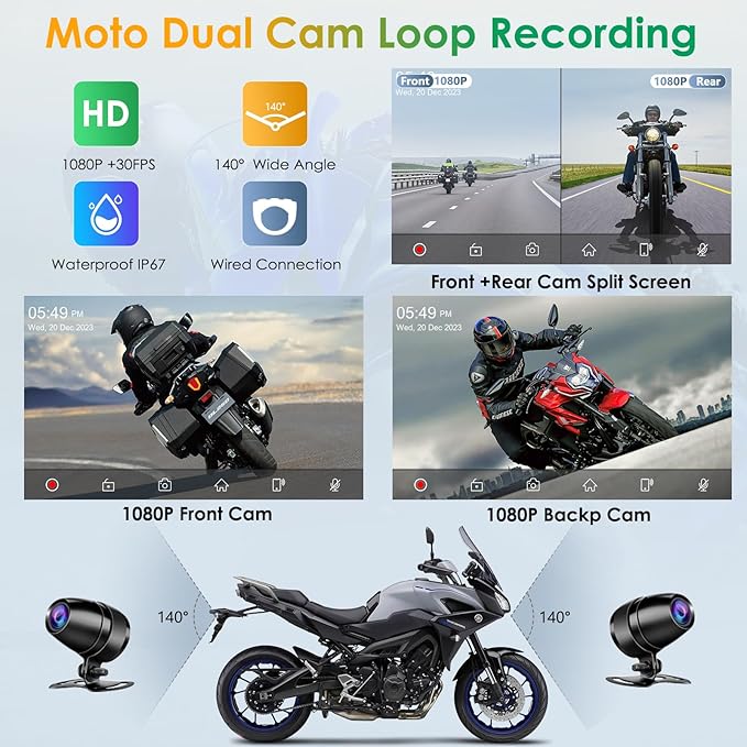 Carpuride W712D Motorcycle Carplay Screen with HD 1080 Dual Dash Cam, Wireless Car Play and Android Auto, 7" Waterproof Rotatable Navigation Touchscreen, Loop Recording, Bluetooth, Wired Controller