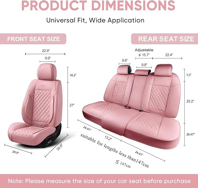Auto Car Seat Covers Full Set Leather Cushion Protector Breathable Waterproof Seat Cover for Cars Universal Fit (Pink, Full Set Without Headrest)
