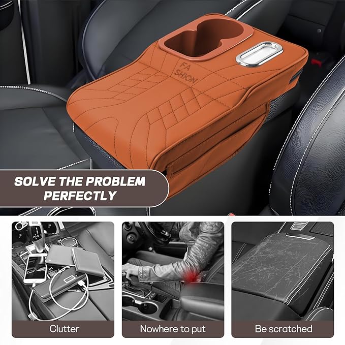 Car Center Console Armrest Pillow, 13.4"×7.5"×2" Leather Auto Arm Rest Cover with Pocket & Tissue Box & Cup Holder, Multifunctional Vehicle Armrest Cushion Pad, Car Accessories (Orange)
