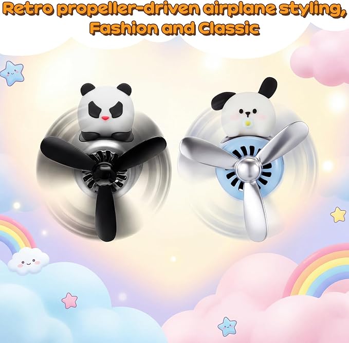 Tallew 2 Pack Car Air Freshener Cute Dog & Panda Car Vent Clip Diffuser with Rotating Propeller Outlet Vent Easy to Install Included 4 Scents Aroma Tablets Aromatherapy Ornament Auto Accessories