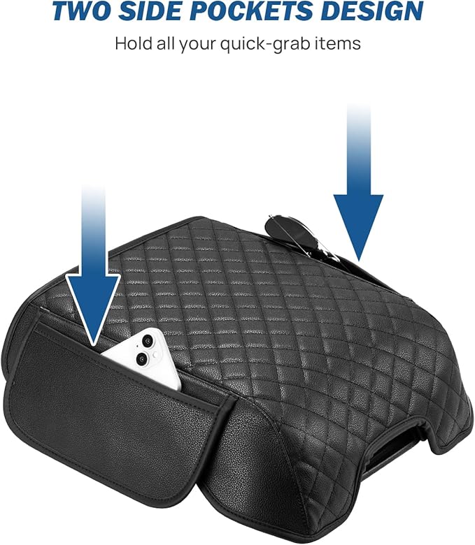 JOYTUTUS Center Console Cover Compatible with 2015-2020 F150, 2017-2022 F250 F350 F450, 2018-2024 Ford Expedition, Leather Armrest Cover Center Console Cushion with Side Pockets (Bucket Seat Only)
