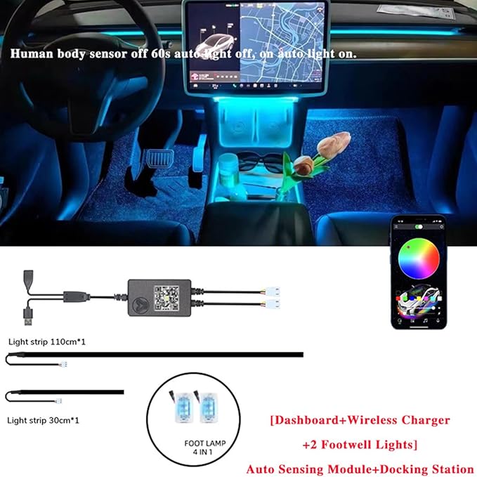 2021-2023 Tesla Model 3 Y Interior Car Neon Lights (Center Console+Dashboard+4 Foot Lights) with Matching Armrest Organizer, Ambient APP-Controlled RGB LED Strip Lights