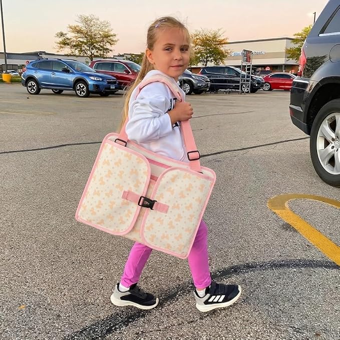 MENZOKE Kids Travel Tray for Toddler Car Seat, Toddler Travel Activities for Girl with iPad Holder Stand & Storage Pockets, Road Trip Essentials Accessories Lap Tray as Birthday Gift, Beige & Pink
