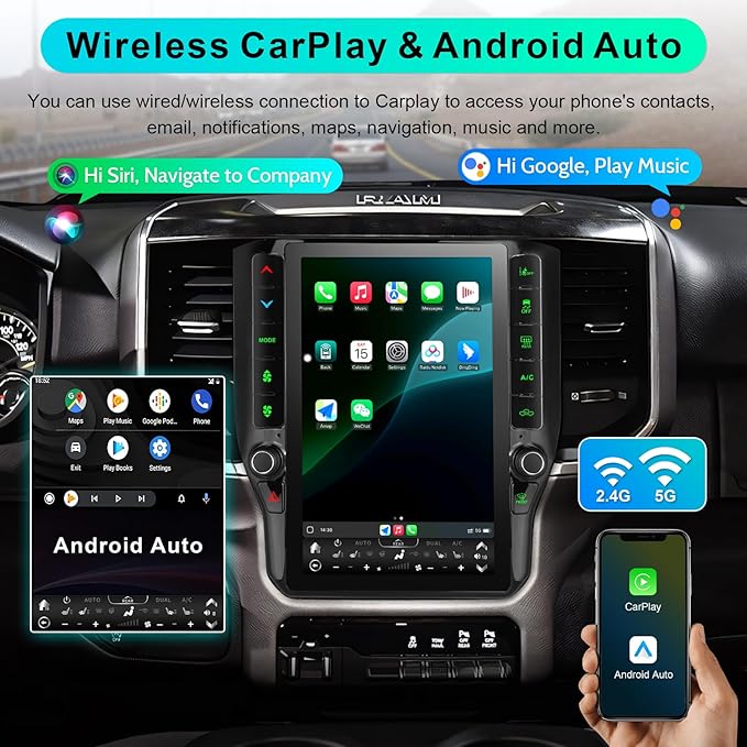 8 Cores 6+128G Radio Upgrade, 2019-2024 for Dodge Ram 1500 2500 3500 Truck Radio Upgrade,12.1 inch Vertical Touchscreen Support Wireless CarPlay Android Auto GPS Bluetooth FM SWC(Inches, 12.1)