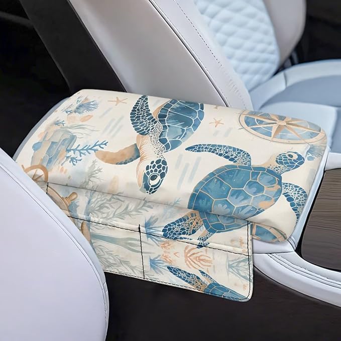 Car Armrest Cover with Pockets, Auto Center Console Pad, Turtle Print Arm Rest Seat Box Protector Car Interior Accessories for Women Men, Fit Most Vehicle,Truck,SUV
