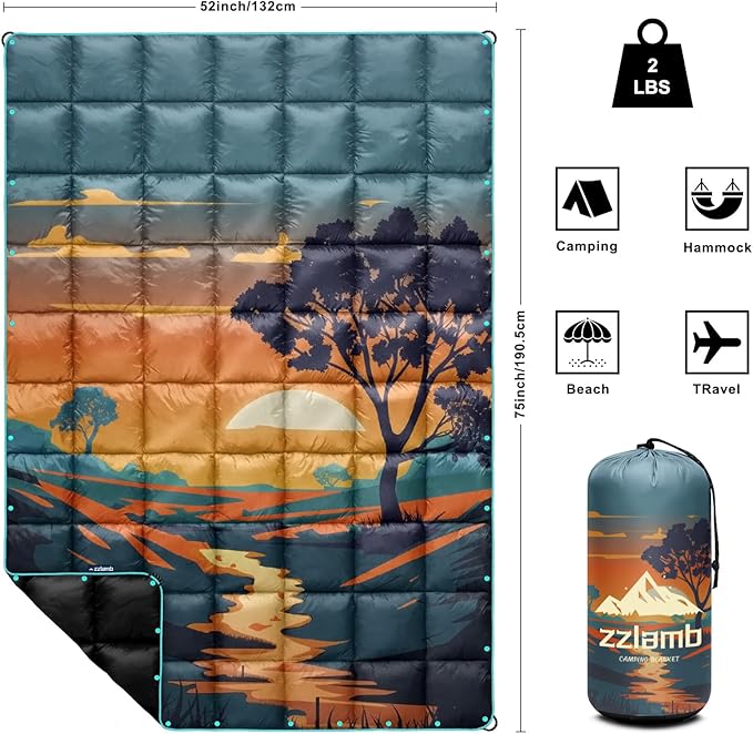 zzlamb Camping Blanket for Cold Weather,Outdoor Puffy Blanket Portable Down Alternative,Windproof Warm Cloak with Snaps,Cozy Quilt Backpacking Picnic RV Travel Plane Car Hammock Beach Climbing