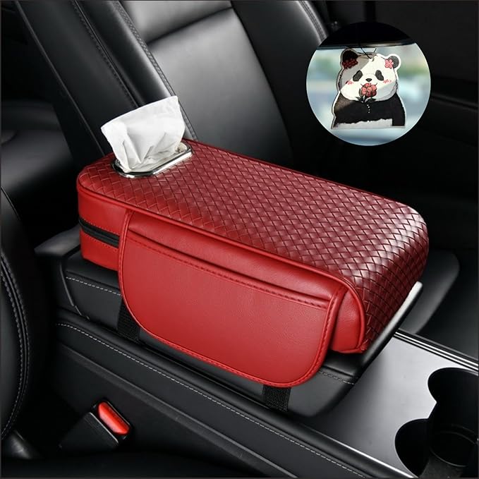 Car Armrest Cushion Cover Car Center Console Memory Foam Booster Pad with Storage Pocket and Tissue Hole for Sedan Vehicle (Red, 12.99 * 7.09 * 2.95'' / 33 * 18 * 7.5 cm)