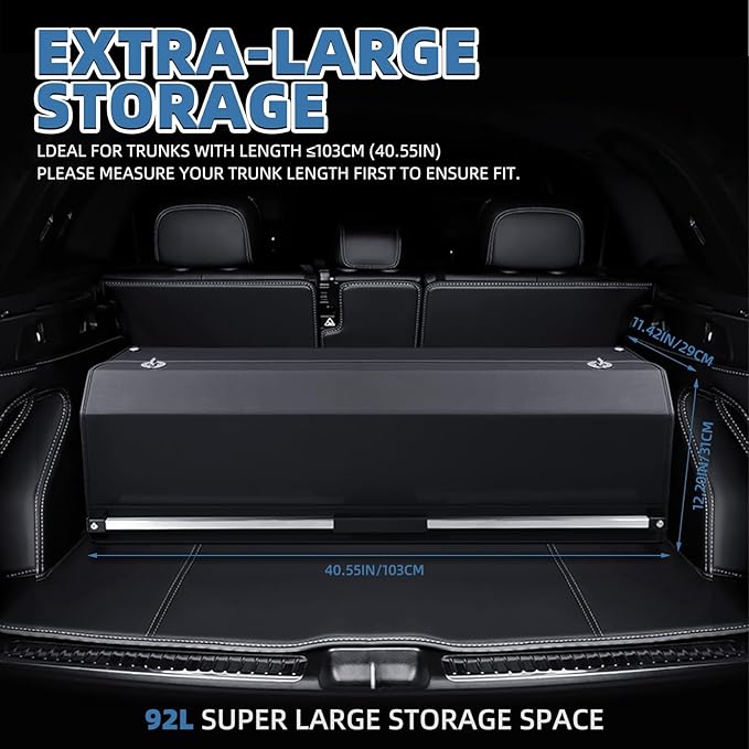 Car Trunk Organizer, Leather Trunk Organizer with LED Light Car Storage Box with Lid and Push-pull Handle Organizer Trunk Storage for SUV, Trunk, Minivan (Black, 40.5 x 11.4 x 12.2in)