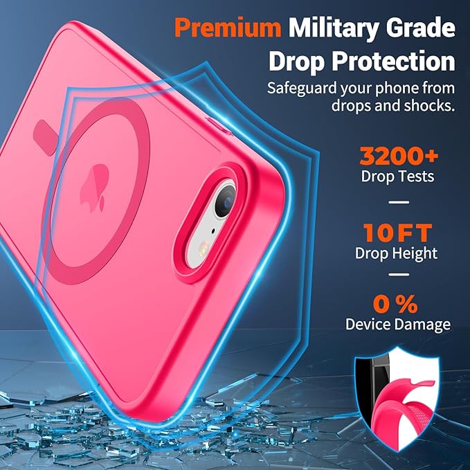 SUPFINE Magnetic for iPhone SE Case 2022 (3rd)/2020 (2nd), iPhone 8 Case with Screen Protector (Compatible with MagSafe) (Military Grade Drop Protection) Translucent Matte Phone Case, Hot Pink