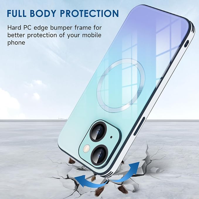 Guppy Compatible with iPhone 15 Case Magnetic, with Full Camera Lens Protector [Compatible with MagSafe] Scratch Resistant Gradient Glass Back Cover Phone Case-Blue
