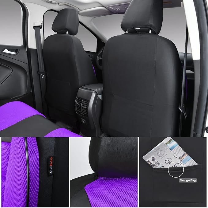 CAR PASS Leather 3D Foam Back Support Car Seat Covers Full Set Air Mesh Automotive Seat Covers, All Season Car Seat Cover Fit Automotive,SUV,Sedan,Van, Airbag Compatible Elegance (Black Purple)
