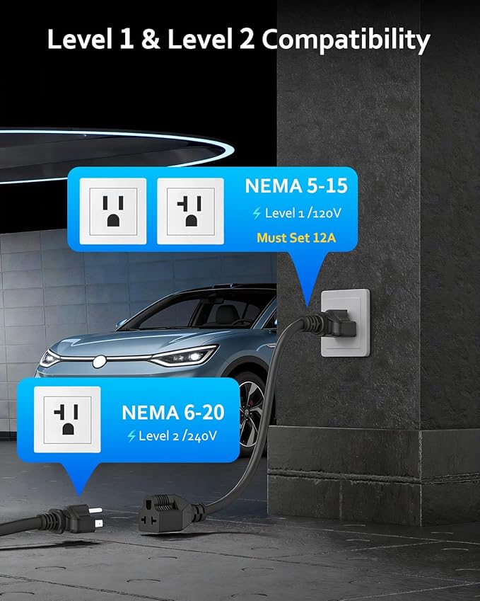 Level 2 & Level 1 EV Charger for Tesla Mobile Charging,16A,ETL Certified with 25ft Extension Cable,NACS Connector,NEMA 6-20P to 5-15P Adapter,Electric Car EV Charger for Tesla Model Y/X/3/S