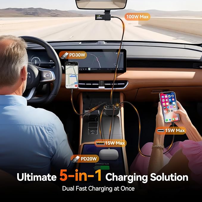 Car Cigarette Lighter Splitter Charger, Fast Car Phone Charger with 1-Socket(100W) Charging Adapter and USB C Coiled Cable for iPhone 17 16 15, Galaxy S25 Ultra/iPad/GPS/Dash Cam/Laptop