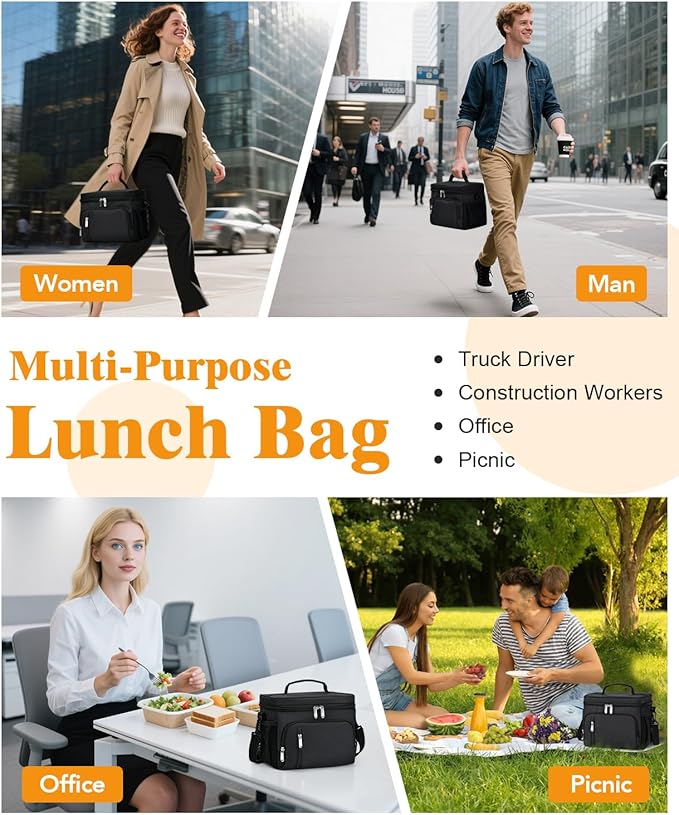 Insulated Lunch Bag for Men & Women, 9L Leakproof Lunch Box Soft Cooler Tote with 5 Pockets, 600D Oxford, EVA Lining, Adjustable Strap for Work, Picnic, Beach&Travel-Black