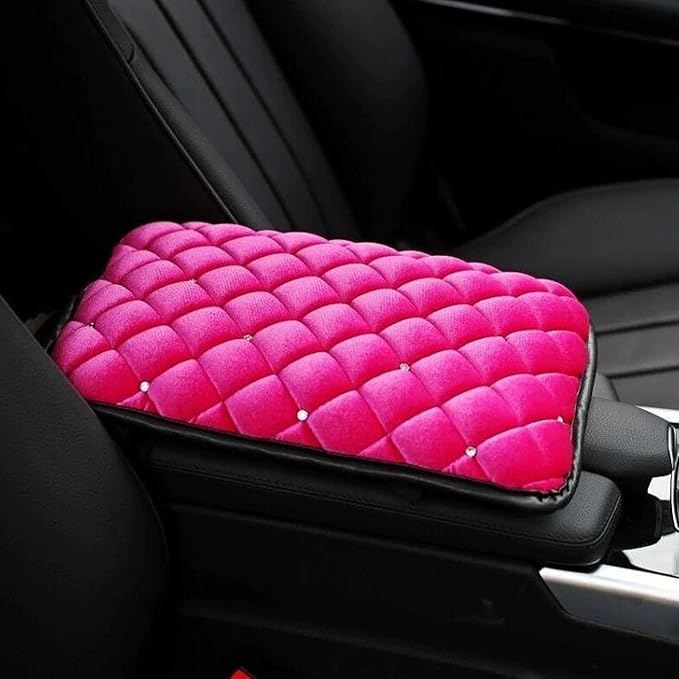 Bling Car Armrest Cover, Crystal Rhinestone Fluffy Automotive Armrest Seat Box Cushion Pad, Soft Comfortable Diamond Car Center Console Cover, Universal Vehicle Accessories (Rose Red)
