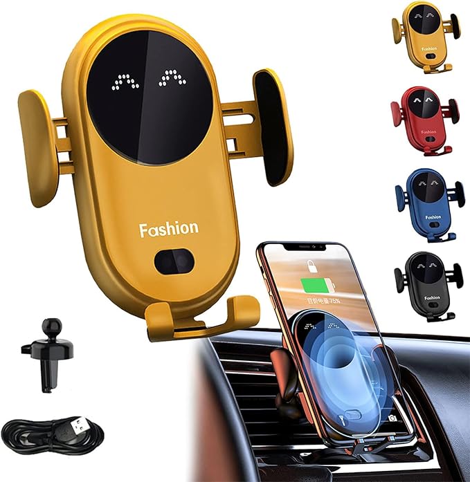 Smart Car Wireless Charger Phone Holder, Fashion Car Charger, Smart Sensor Car Wireless Charger, Automatic PhoneHolder forCar, for All Phone (Yellow)