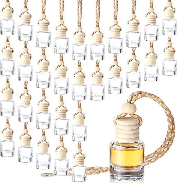 Zubebe 300 Pcs Hanging Car Air Freshener Diffuser Bottles Empty Bulk 8ml Clear Glass Essential Diffuser Oil Pendant Bottle Refillable Automotive Aromatherapy Fragrance Perfume Containers, Cylindrical