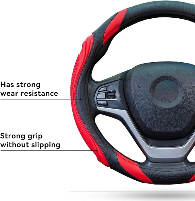 Car Steering Wheel Cover, 15 Inch Leather Breathable Anti-Slip Soft Steering Wheel Protector for Men and Women, Universal Car Accessories for SUV, Truck, RV (Red)