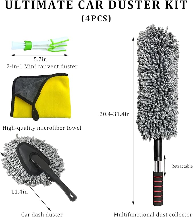 4 PCS Car Duster Kit, Microfiber Scratch Free Multipurpose Cleaning Duster with Extendable Handle, Washable Interior & Exterior Auto Dusting Tools for Cars Trucks SUVs RVs