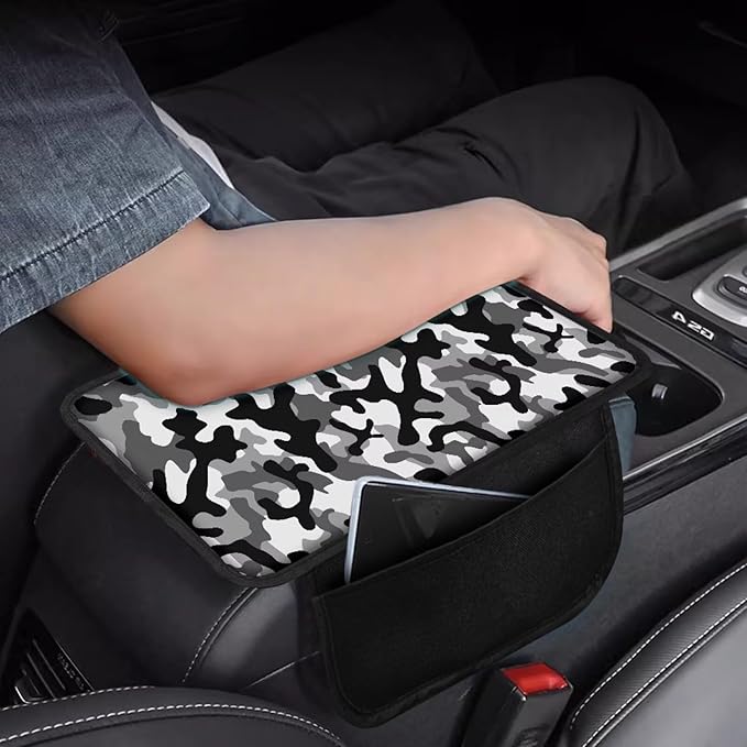 Black Gray Camo Pattern Car Center Console Cover Stretchy Vehicle Armrest Cushion Waterproof Car Armrest Storage Box Mat Universal for Most Vehicle SUV Truck Car