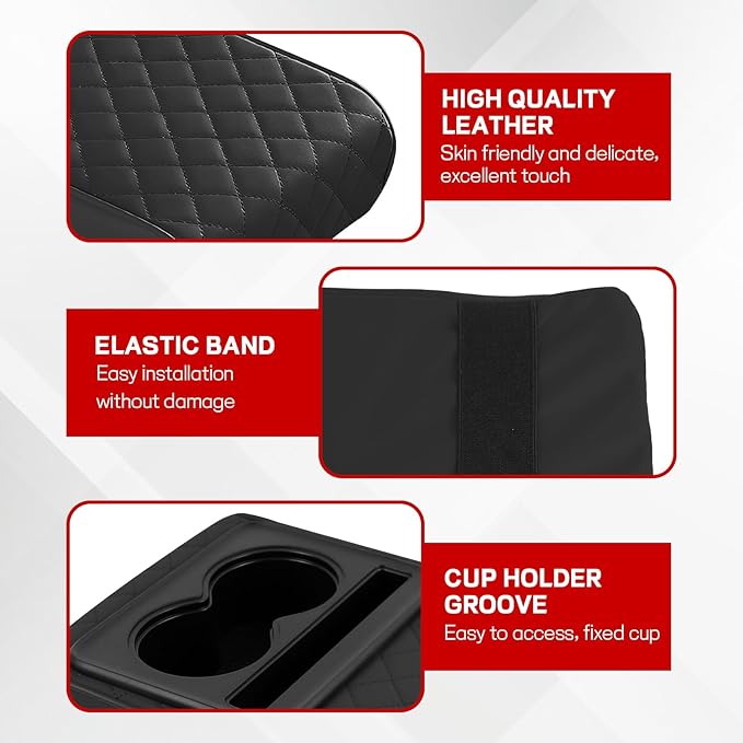 Car Center Console Armrest Pillow, 13.19"×7.87" Leather Car Arm Rest Cover, Memory Foam Auto Armrest Cushion with Cup Holder Phone Slot, Universal Vehicle Middle Console Cushion Pad (Black)